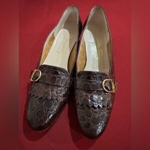 Salvatore Ferragamo Vintage Dark Brown Croc-Embossed Loafers